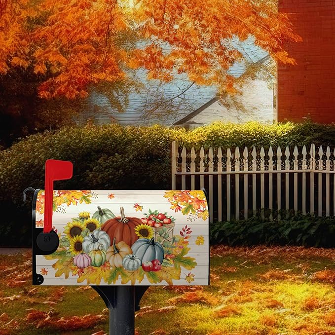Fall Harvest Pumpkin Mailbox Covers Oversized Autumn Thanksgiving Magnetic Mailbox Cover Large Size 25.5x21 Inches Farmhouse Fall Letter Post Mail Box Wraps for Garden Yard Outdoor Decor
