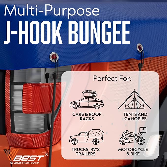 Heavy Duty Bungee Cords with Hooks, Black, 6-Piece Set, UV and Weather Resistant, Assorted Sizes 12", 24", 36", for Cargo, Camping, Moving, Truck Bungies Outdoor