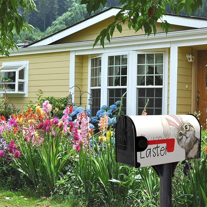 Happy Easter Mailbox Covers Magnetic Standard Size 21 x 18 Inch Easter Cat with Bunny Ears Mailbox Cover Post Box Wraps Decorations for Spring Garden Yard