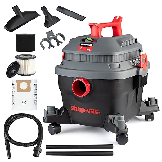 Shop-Vac 5430096 Wet/Dry Vacuum, 4 Gallon, 4 Peak HP, 1.25 Inch Diameter x 7 Foot Hose, 15 Foot Cord, Ideal for Jobsite, Garage, Workshop & Home