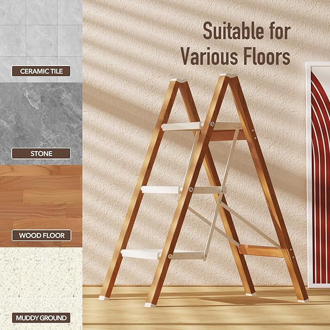 3 Step Lightweight Aluminum Folding Ladder, Portable Step Stool with Wide Anti-Slip Pedals, 330 lbs Capacity for Home,Cleaning Tasks(White&Woodgrain)