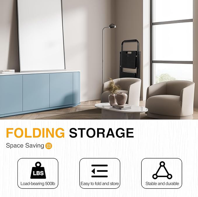 2 Step Ladder, Portable Steel Folding Step Stool with Wide Anti-Slip Pedal & Convenient Handgrip, 500lbs Sturdy Steel Ladder, Black