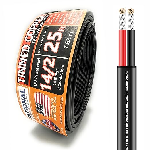 National Wire&Cable - 14/2 Tinned Copper Professional Wire (25 Feet) 14 AWG Gauge Stranded PVC Cord - 2 Conductor Electrical Wire - Made in USA - CL Rated/ETL Listed - Automotive, Low Voltage Cable