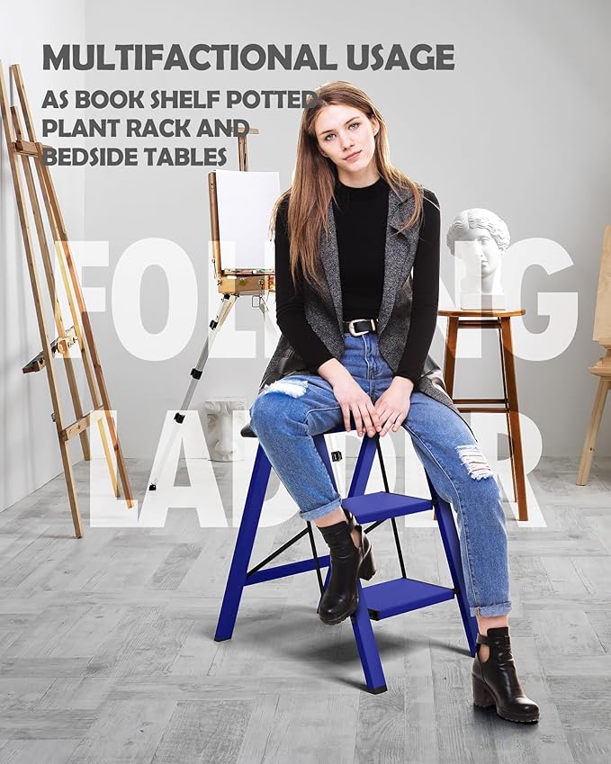 Taranta 3 Step Ladder,Aluminum Lightweight Folding 3 Step Stool with Anti-Slip Wide Pedal,330lbs Capacity Step Ladder for Household,Kitchen,Office - Blue