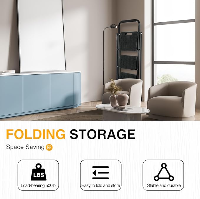 3 Step Ladder, Portable Steel Folding Step Stool with Wide Anti-Slip Pedal & Convenient Handgrip, 500lbs Sturdy Steel Ladder, Black