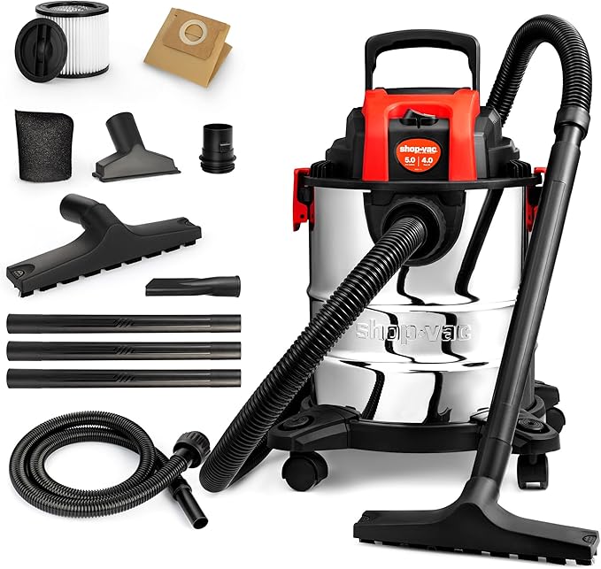 Shop-Vac 5 Gallon 4.0 HP Wet/Dry Vacuum with Blower Function, Stainless Steel Tank, Portable Shop Vacuum with Wheels, Includes Filters, Hose & Accessories, Ideal for Garage and Workshop