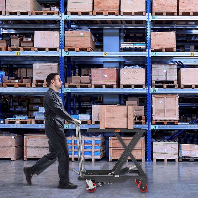 VEVOR Hydraulic Lift Table Cart, 500lbs Capacity 28.5" Lifting Height, Manual Single Scissor Lift Table with 4 Wheels and Non-Slip Pad, Hydraulic Scissor Cart for Material Handling, Black