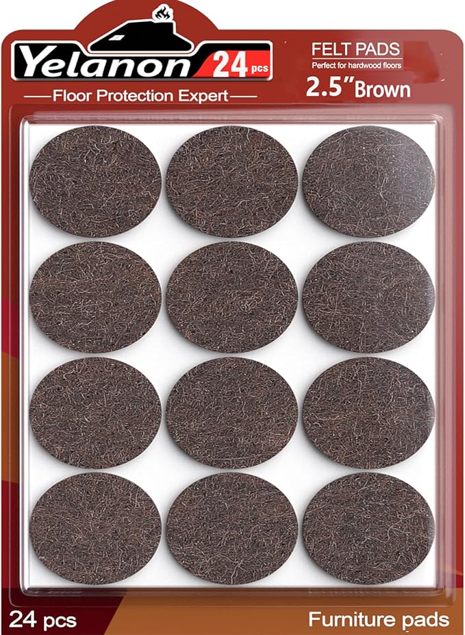 Yelanon Felt Furniture Pads for Hardwood Floors -24 Pcs 2.5" Premium Felt Pads for Chair Legs, Floor Protectors for Furniture, Brown