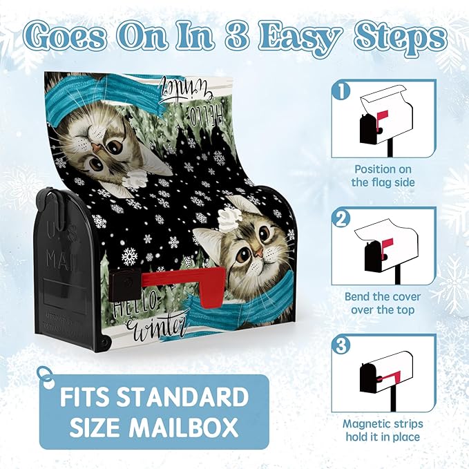 Hello Winter Cat Magnetic Mailbox Covers Standard Size 21x18 Inch Snowflakes Pine Tree Post Box Mailbox Wraps Cute Cat Cover Outdoor Decor for Garden Yard