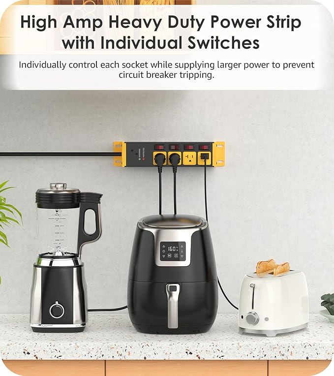 CCCEI Heavy Duty Surge Protector Power Strip 20 Amp Individual Switches. 25FT 12 Gauge Extension Cord with Multiple Outlets. Kitchen, Garage, Shop, Industrial Wall Mount Electric Extender, Yellow.