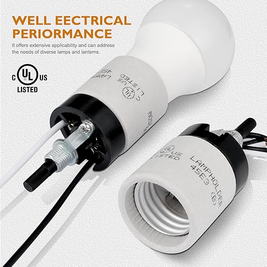 UL Listed Porcelain E26 Lamp Socket with 6'' Wire Lead, High Temp Resistant, Rotary Knob ON/Off Switch with 2 Wire Connectors Nuts for DIY Table Lamp,Pendant Light Replacement (2)