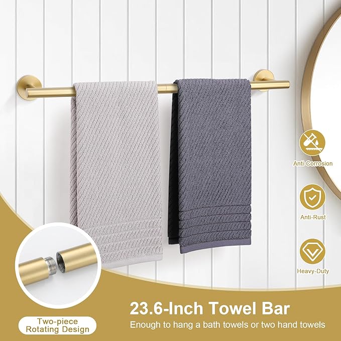 TQKAG 8-Pieces Bathroom Hardware Set Brushed Gold SUS304 Stainless Steel Bath Towel Bar Set 23.6 Inch Round Bathroom Accessories Kit Wall Mounted