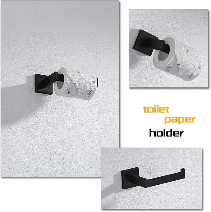 4-Piece Bathroom Hardware Set, Towel Rack Towel Bar Towel Holder Toilet Paper Holder Matte Black Towel Hooks Modern Square Stainless Steel Wall Mounted Bathroom Accessories Set (16inch)