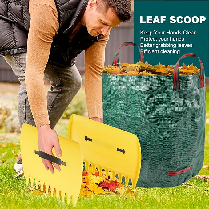 Leaf Collector Garden Rake Set - Adjustable 18 Tines Leaf Rakes & Leaf Picker Upper & 72 Gallon Lawn Waste Bag, Heavy Duty Collect Rake, Hand Leaf Scoop, Brown Paper Dumpster, Yard Gardening Tool