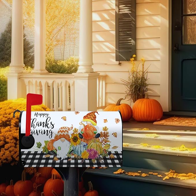 Happy Thanksgiving Mailbox Covers Magnetic Oversized Fall Gnomes Pumpkins Mailbox Cover Large Size 25.5x21 Inch Decor Black White Plaid Letter Post Box Wraps for Garden Outdoor