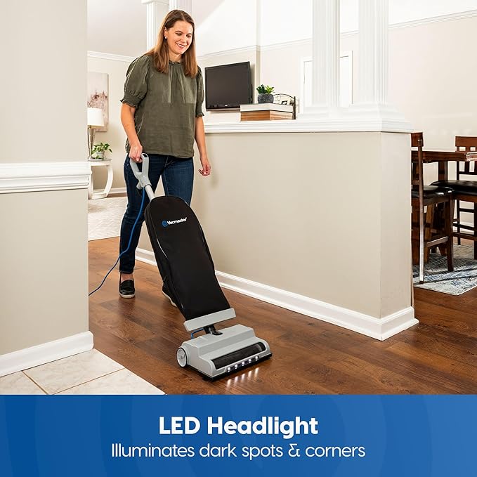 Vacmaster UB0402 Commercial Vacuum Cleaner Ultra-Lightweight 14L Capacity Bagged Upright Vac with LED Headlight and 2-Speed Setting Powerful Suction for Pets, Carpets & Hard Floor