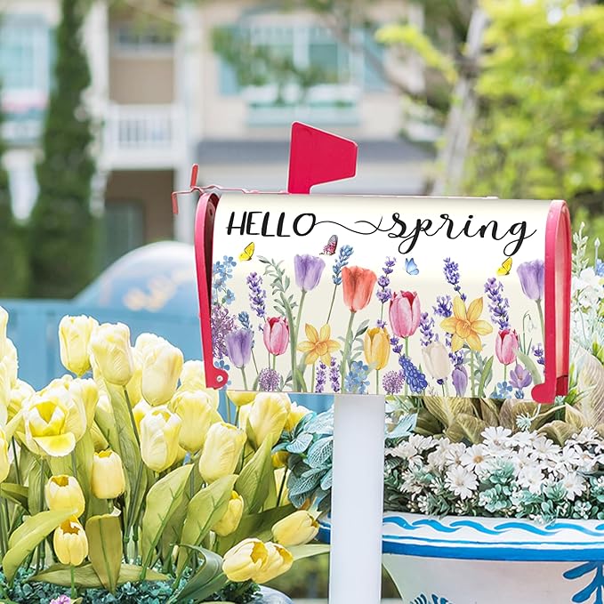 Hello Spring Mailbox Covers Tulip Lavender Butterfly Spring Decorative Mailbox Covers Magnetic Standard Size 21x18 Inch Rustic Waterproof Mailbox Wraps Post Letter Box Covers Garden Yard Outdoor Decor