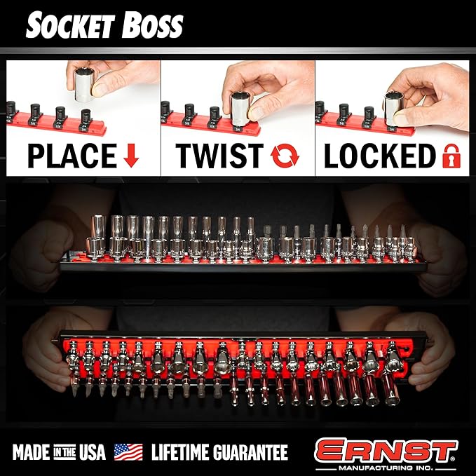 Ernst Manufacturing Socket Boss 2-Rail 1/4-Inch-Drive Socket Organizer, 13-Inch, for Toolbox drawer - Blue (8495) - Made in the USA