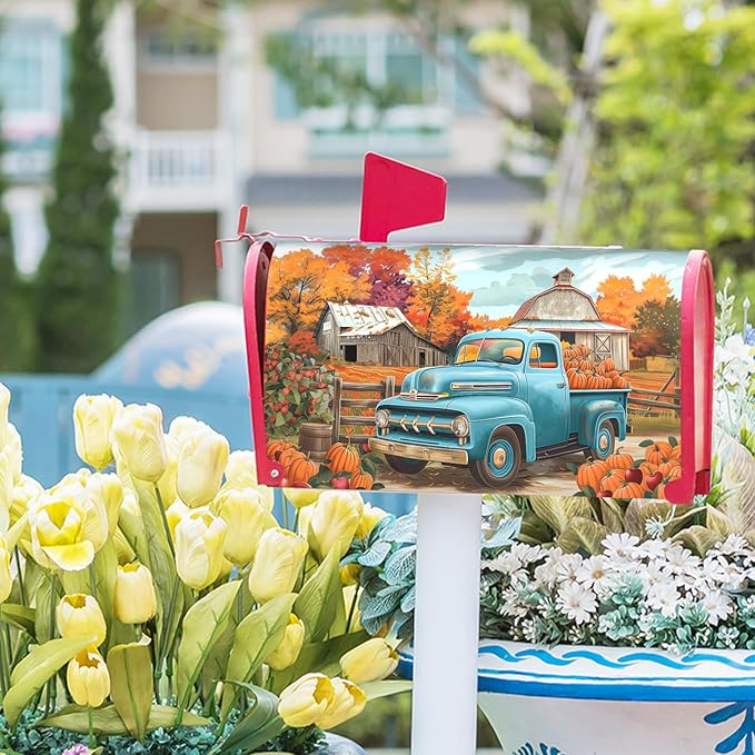 Kawani Fall Mailbox Cover - Autumn Harvest Thanksgiving Pumpkin Farm Truck Magnetic Standard Size 25.5x21 Inch Rustic Waterproof Post Box Wrap Garden Yard Decor for Outdoor