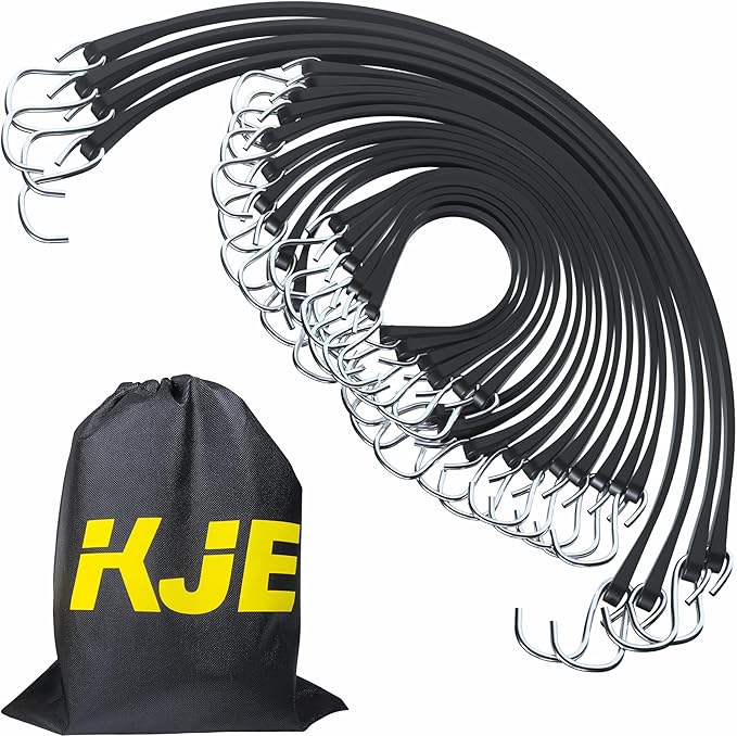 KJE 20Pack (15", 21", 31") Rubber Bungee Cords with S Hooks - Quality EPDM, Heavy Duty Black Bungee Straps, Ideal for Outdoor Tie Downs, Securing Tarps, Canvases, Cargo in Cold Hot Climates