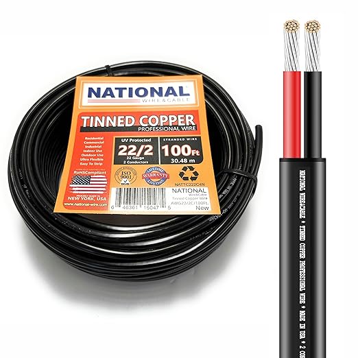 National Wire&Cable - 22/2 Tinned Copper Professional Wire (100 Feet) 22 AWG Gauge Stranded PVC Cord - 2 Conductor Electrical Wire - Made in USA - CL Rated/ETL Listed - LED Light, Low Voltage Cable