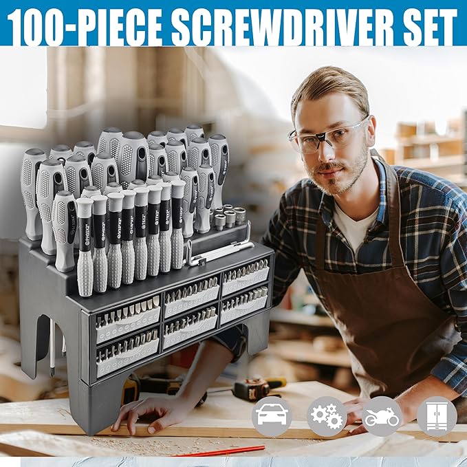 100-Piece Magnetic Screwdriver Set with Plastic Rack, Includes Slotted/Phillips/Torx Precision Drivers, Non-Slip Rubber Handles, Multi-Purpose Screwdrivers, Best Tools Men Gift (Grey)