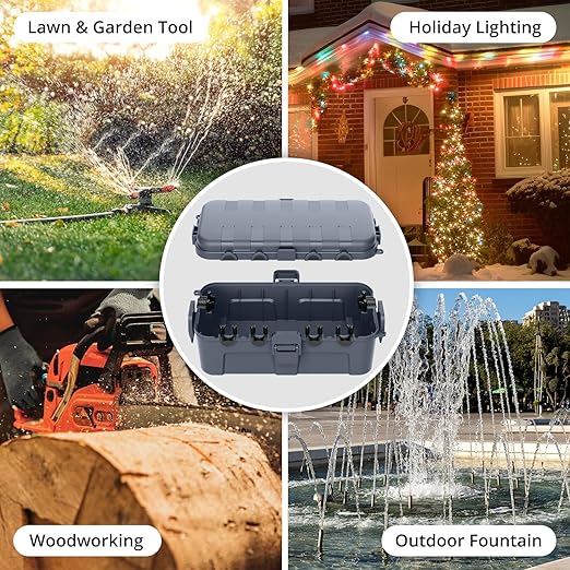 QUOBAS Outdoor Waterproof Electrical Box with 6 Cable Ports, IP54 Weatherproof Heavy-Duty Extension Cord Cover for Power Strips, Garden Power Tools, Holiday Lights, Gray
