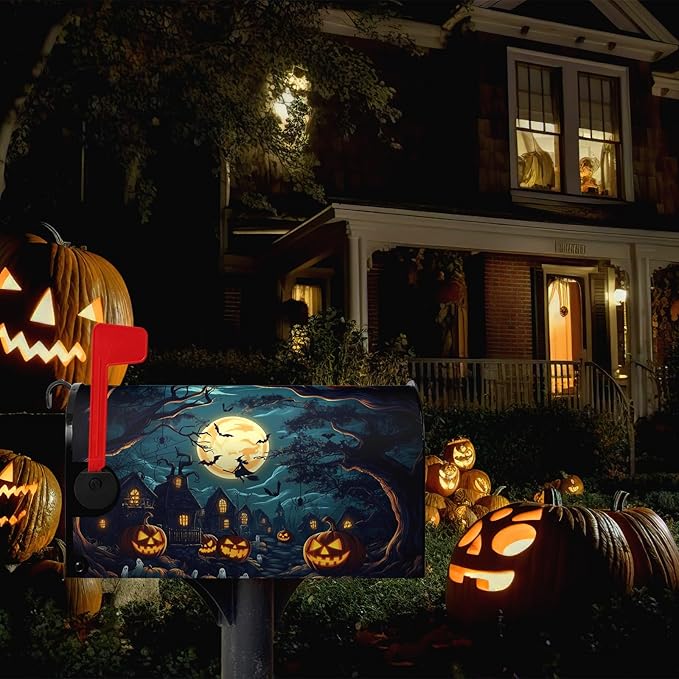 Halloween Pumpkin Castle Mailbox Covers Magnetic Lareg Size 25.5x21 Inch Spooky Witch Mailbox Cover Oversized Moon Night Letter Post Box Wraps for Garden Yard Outdoor Decor