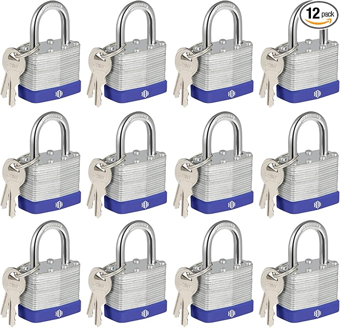 HOX Locks 12-Pack Keyed-Alike Padlocks w/ 1.2” Shackle, 1-9/16” Wide Body, Hardened Steel Case Shackle Padlock, Brass Cylinder - for Hasp Latch, Sheds, Fences, Storage Locker