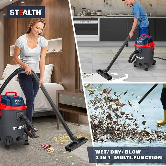 Stealth Wet/Dry Vacuum 5 Gallon, 5.5 Peak HP Shop Vacuum with Blower & Drain Port for Home Clean, Garage Clean, Car Detailing, Workshop, ECV05P2 Small Shop Vac