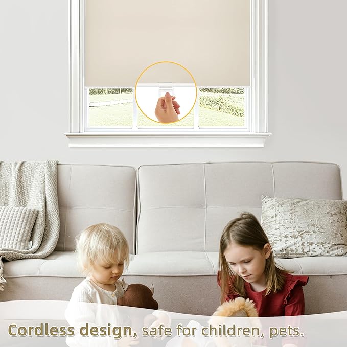 ChrisDowa Cordless Blackout Roller Shades for Windows, Thermal Insulated UV Protection Pull Down Shades, Total Blackout Window Blinds for Home, Office, Bedroom, Door (45" W x 72" H, Beige)