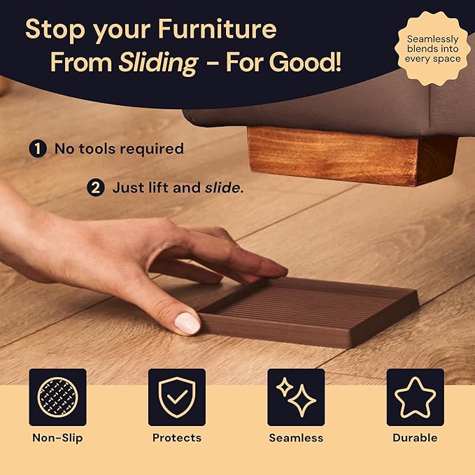 CasterMaster Non-Slip Furniture Pads for Hardwood Floors - 4" x 4" Brown Pack of 4 - Anti-Skid Rubber Caster Cups - Table Leg Protectors & Rubber Feet for Chairs