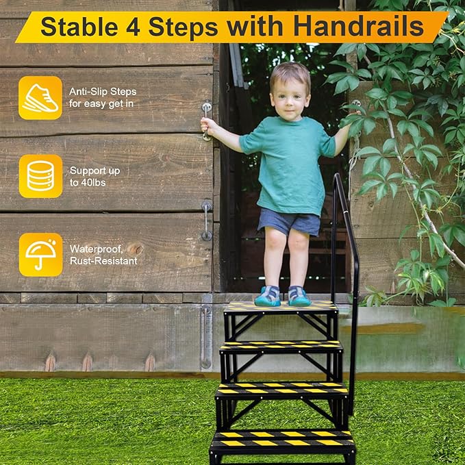 RV Steps with Handrail, 4 Steps Ladder Hot Tub Steps with Handrail, Portable Stairs Steps for 5th Wheel RV, Mobile Home Stairs Outdoor RV Step