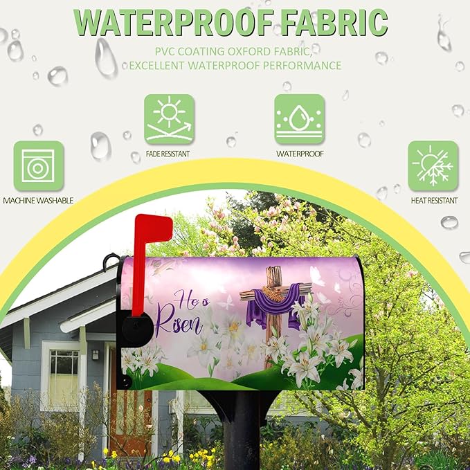 Easter Mailbox Cover - Magnetic Standard Size Cross Religious 'He is Risen' Post Cover - Spring Lilies Floral Waterproof Mailbox Decor for Garden Yard Home - 21x18 Inch