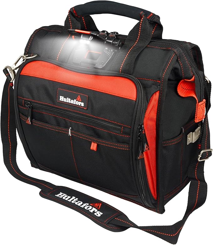 Hultafors Work Gear HTL573 Lighted Technician's Tool Bag, 55 Pockets, Heavy Duty Ballistic Polyester Tool Carrier, Adjustable Swivel Light, Large Center Compartment