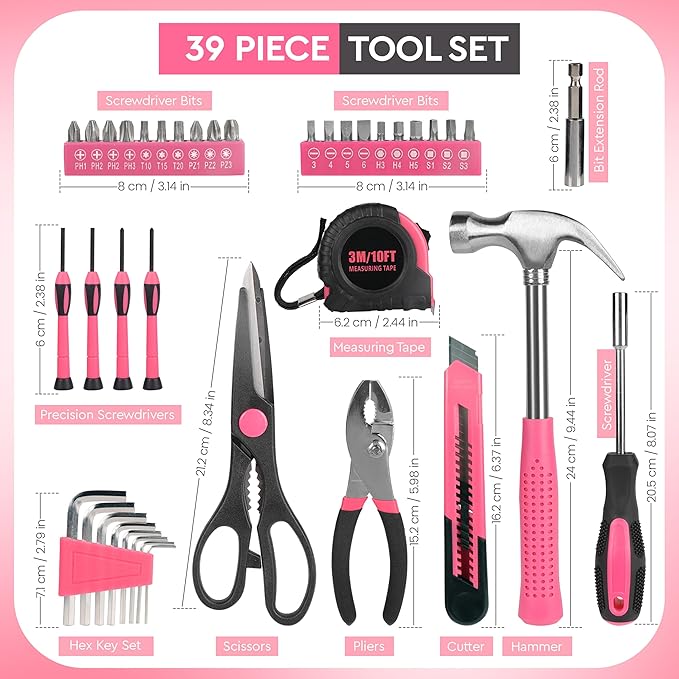 39-Piece Pink Tool kit for Women with Plastic Storage Case – All Purpose Household Repair Tool kit, Essential for Women for Home, Office, Apartment, Dormitory Use