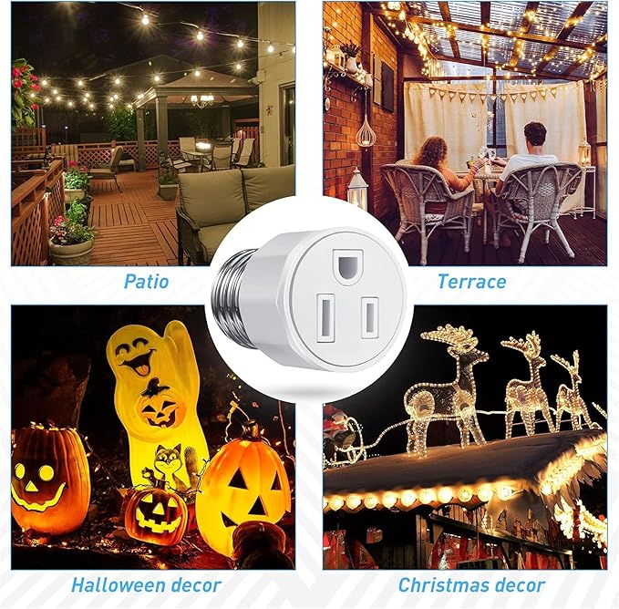 3 Pack E26/ E27 3 Prong Light Bulb Socket Adapter, Polarized Light Socket Outlet, Lights Sockets to Plug Adapter Sockets Converter, Lights Bulb Plug Adapters for Patio, Garage, Porch, White