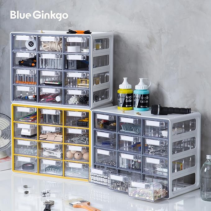 Blue Ginkgo Large 12-Drawer Cabinet – Stackable Clear Organizer for Hardware, Beads, Plastic Bricks, Office, and Craft Storage (Made in Korea, Yellow)