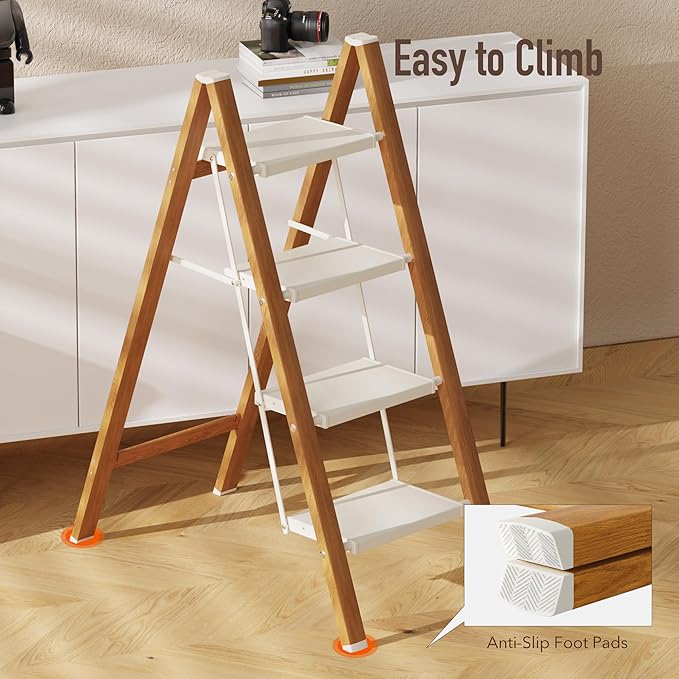 4 Step Lightweight Aluminum Folding Ladder, Portable Step Stool with Anti-Slip Pedals, 330 lbs Capacity for Home, Office, Kitchen(White&Woodgrain)