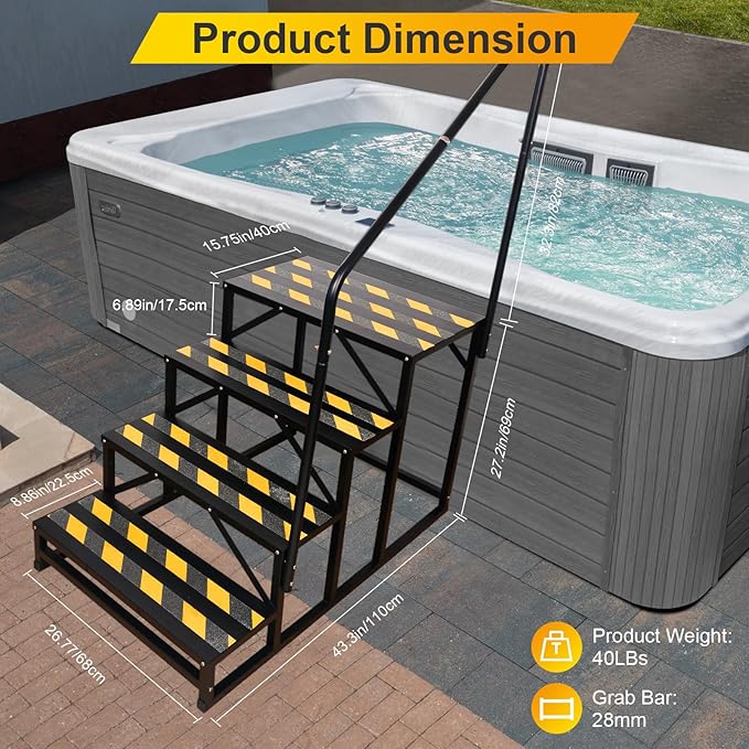 RV Steps with Handrail, 4 Steps Ladder Hot Tub Steps with Handrail, Portable Stairs Steps for 5th Wheel RV, Mobile Home Stairs Outdoor RV Step