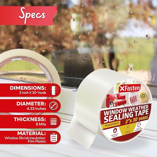 XFasten Window Sealing Tape for Winter 3” x 30 Yards RV Window Stripping for Winter | Heavy-Duty Transparent Weather Sealing Tape for Plastic Window Coverings for Winter, Residue-Free Weather Tape