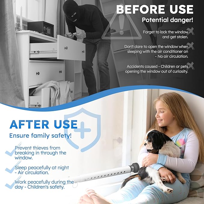 WooFog(Short)Security Bars for Sliding/Vertical Window, Adjustable Window Jammer Bars Security Inside,(Small)Window Guards for Home Security, 11" to 18" Anti Theft Window Safety Lock Bar -White 1 Pcs