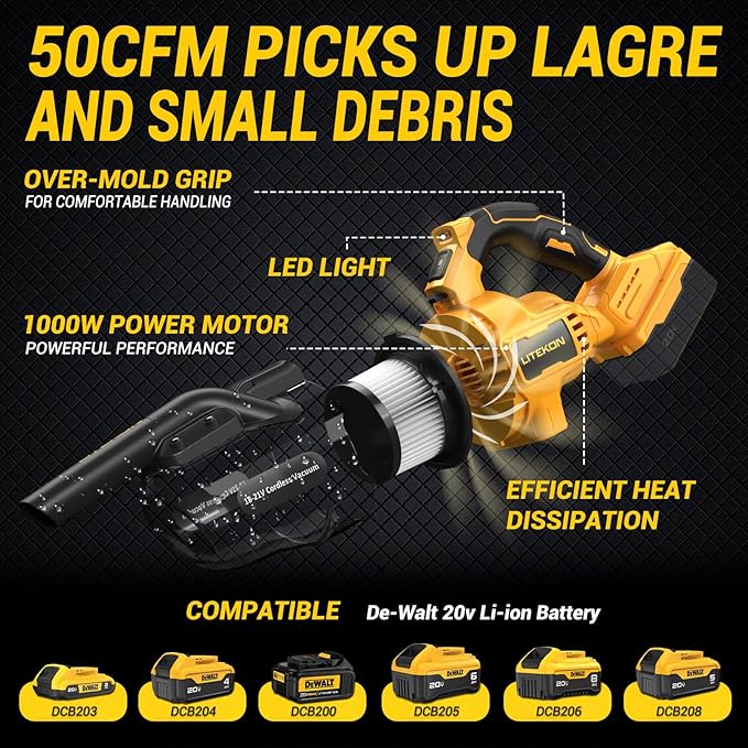 Cordless Vacuum Compatible with 𝗗𝗘-𝗪𝗔𝗟𝗧 20V Max Battery (No Battery), Handheld Battery Powered Vacuum Cleaner for Wood Floor, Carpet, Car Cleaning, 125AW (Tool Only)