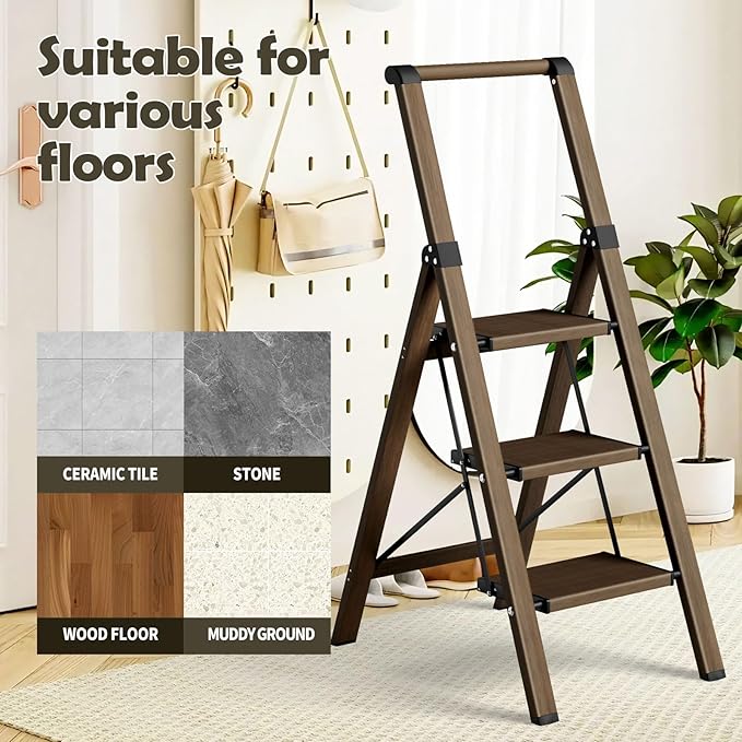 Taranta 3 Step Ladder, Portable Folding Ladder with Wide Pedal, Lightweight Aluminum Step Stool with Convenient Handgrip, 330 lbs Capacity Stepladder for Home, Office - Walnut