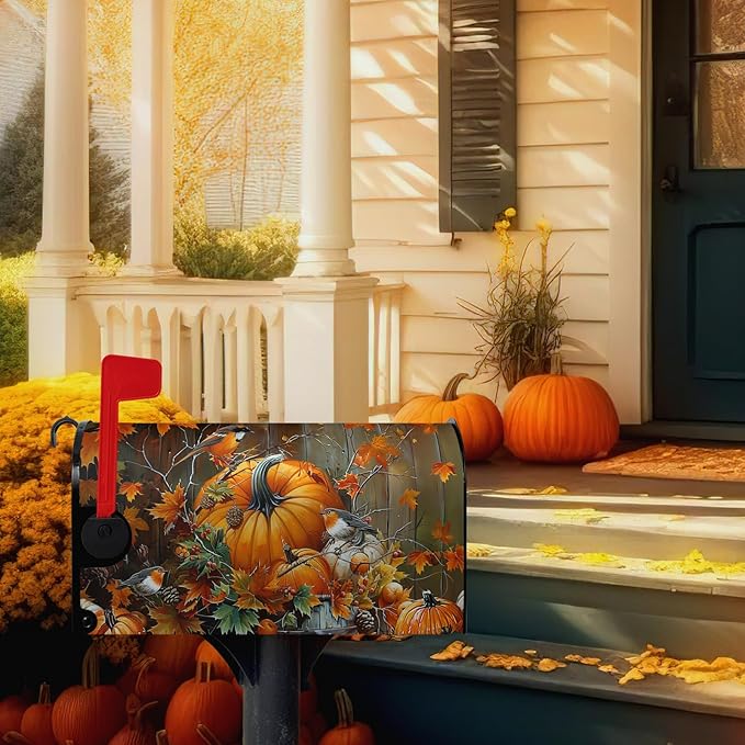 Fall Pumpkin Mailbox Covers Magnetic Standard Size 21x18 Inch Autumn Maple Leaves Birds Mail Box Cover Seasonal Farmhouse Post Letter Box Wraps for Outdoor Garden Decor