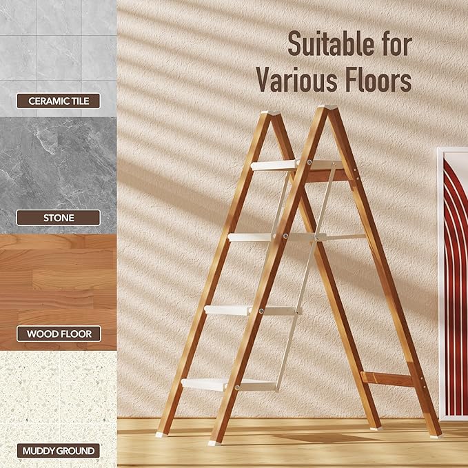 4 Step Lightweight Aluminum Folding Ladder, Portable Step Stool with Anti-Slip Pedals, 330 lbs Capacity for Home, Office, Kitchen(White&Woodgrain)