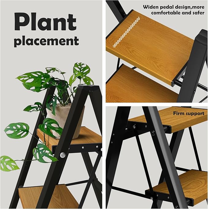 Taranta 4 Step Ladder,Aluminum Lightweight Folding 4 Step Stool with Anti-Slip Wide Pedal, 330lbs Capacity Step Ladder for Household,Kitchen,Office - BlackWoodgrain