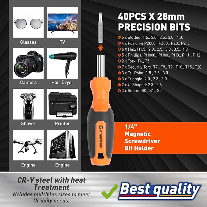 Amartisan 175-piece Magnetic Screwdrivers Set Plastic Racking, DIY Tools Set Tools for Men Tools Gift, Includs Precision screwdriver, Magnetizer, Key Set, Nut Driver and Bit Set