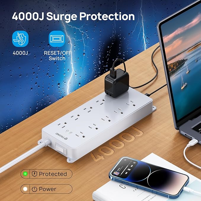 TROND Power Strip Surge Protector, 4000J, ETL Listed, 10 Widely Spaced Outlets, 2 USB A & 2 USB C Ports, Flat Plug Power Strip, 10ft Long Extension Cord, Wall Mountable, for Home Office Garage, White