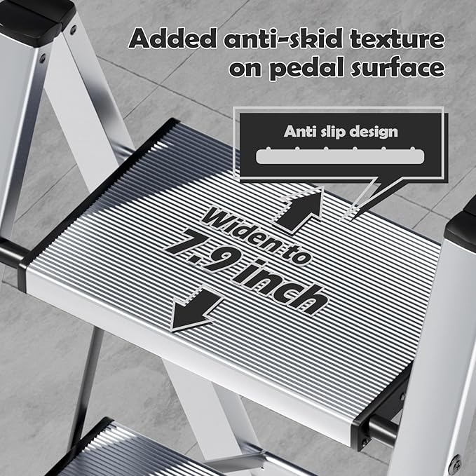 Taranta 2 Step Ladder,Aluminum Lightweight Folding 2 Step Stool with Anti-Slip Wide Pedal,330lbs Capacity Step Ladder for Household,Kitchen,Office - Silver